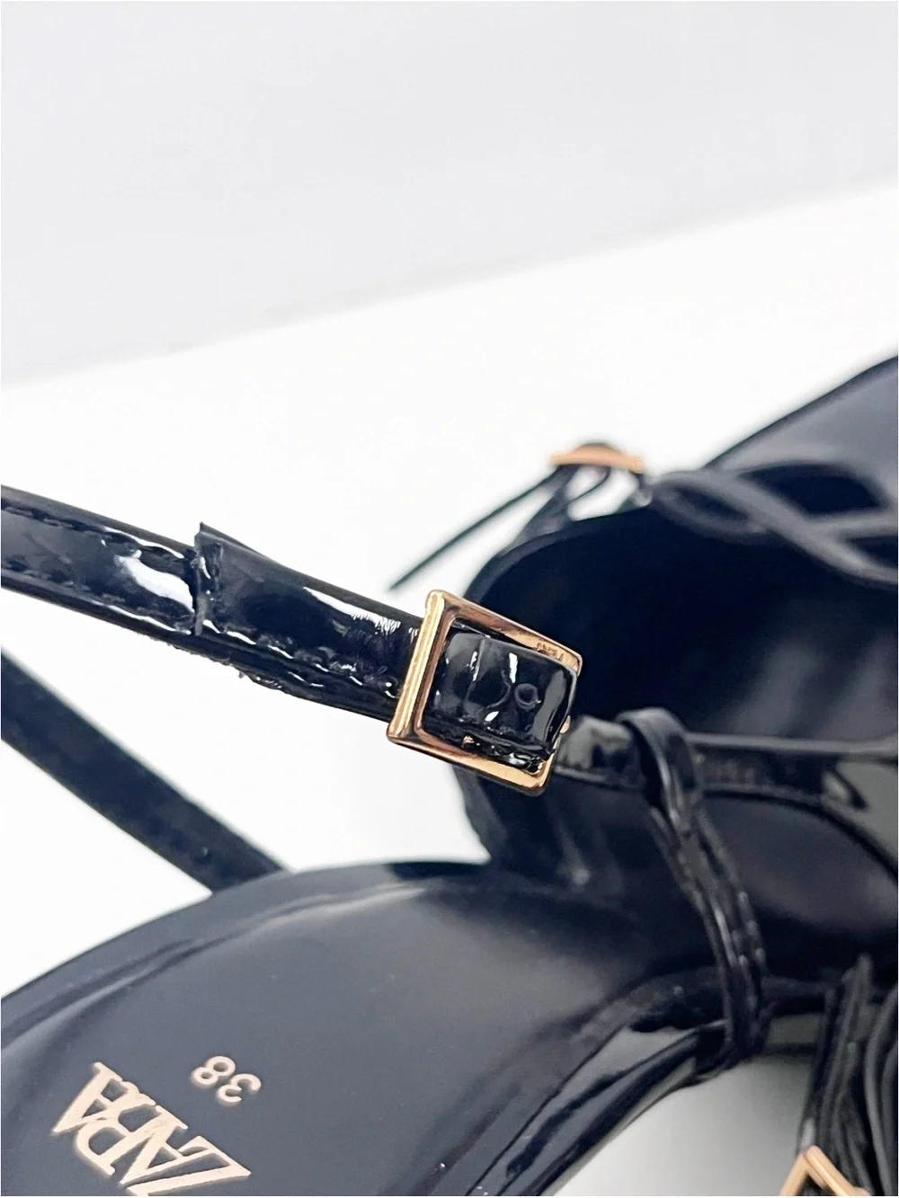 ZARA Black Patent Leather Strappy Pointy Toe Slingback Heels Size 38 Classic